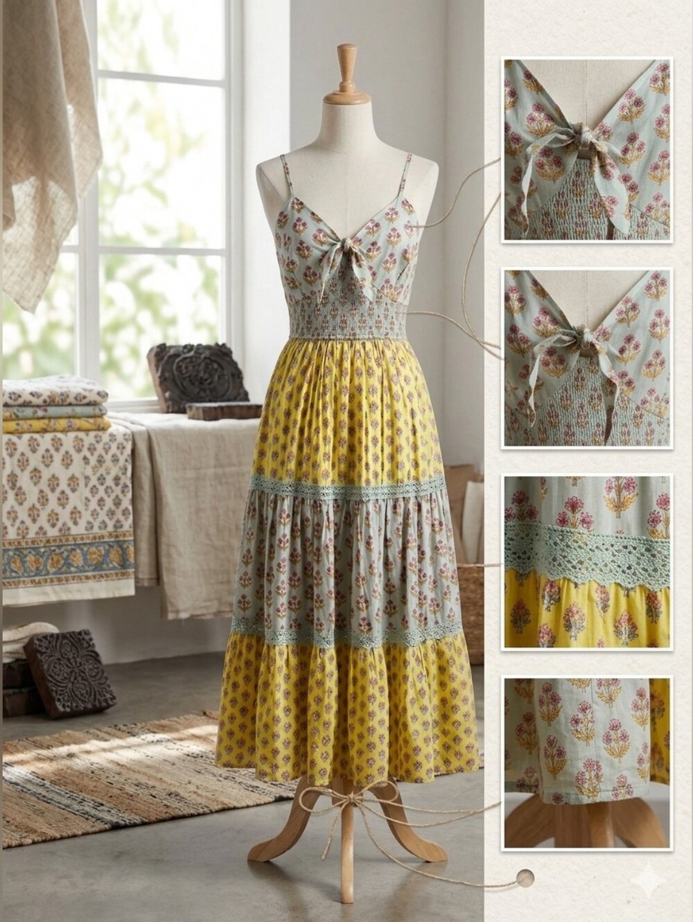 Japna Yellow & Sage Floral Tiered Sundress